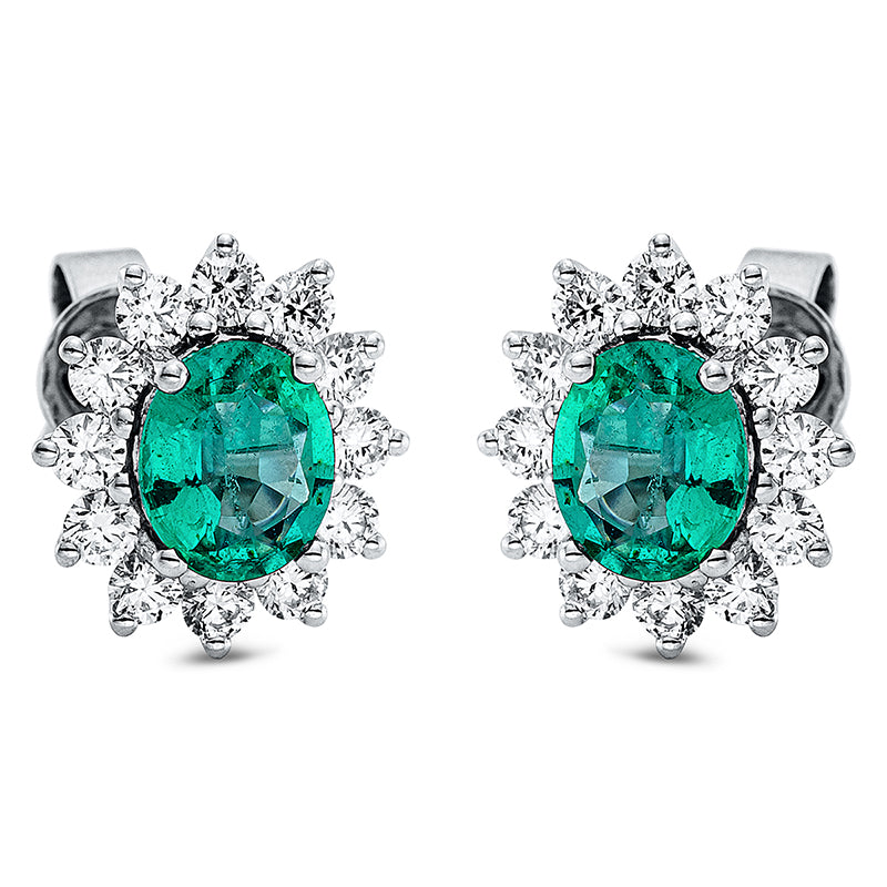 Ohrstecker 18 kt WG, 24 Brill. 0,63 ct, F-vsi/si, 2 Smaragde 0,99 ct grün