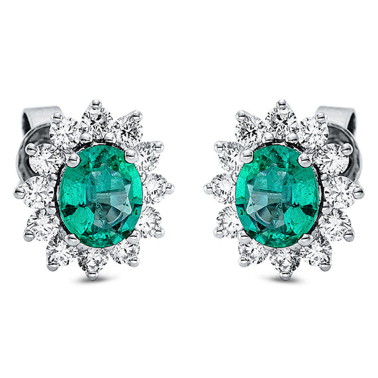 Ohrstecker 18 kt WG, 24 Brill. 0,63 ct, F-vsi/si, 2 Smaragde 0,99 ct grün