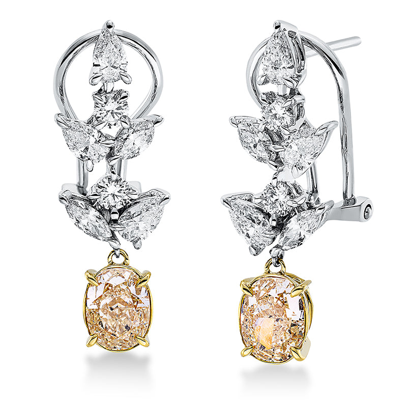 Ohrschmuck 18 kt WG+GG, GIA 2pcs, 2 Ov. 2,22 ct, gelb, 4 Nav. 0,34 ct, 6 Tr. 0,89 ct, 4 Brill. 0,34 ct