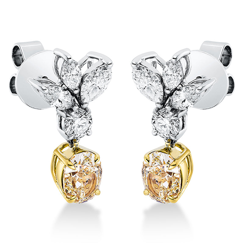 Ohrschmuck 18 kt WG+GG, GIA 2cps, 2 Oval 1,32 ct, gelb, 6 Nav. 0,73 ct, vvs, 2 Brill. 0,26 ct, si