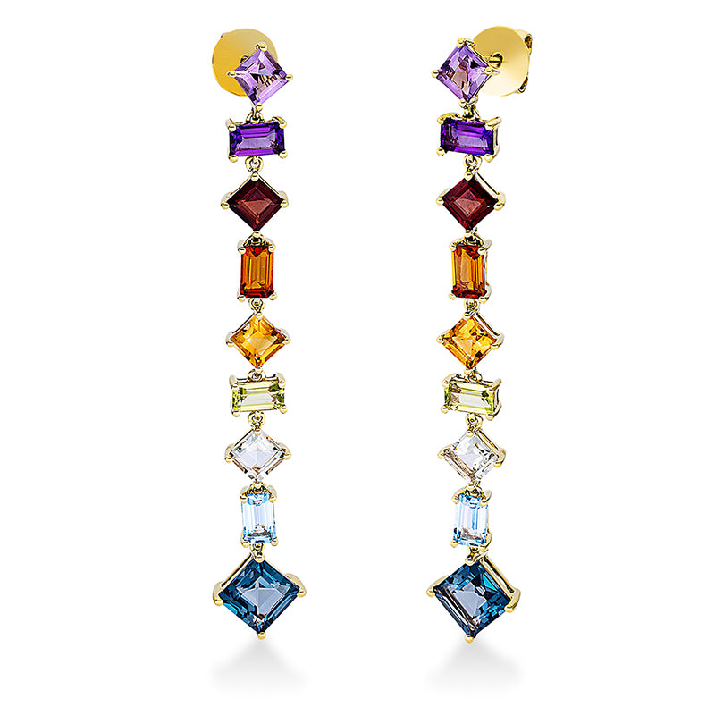 Ohrschmuck 18 kt GG, 8 Farbsteine 2,40 ct multicolor, 10 Farbsteine 5,70 ct multicolor