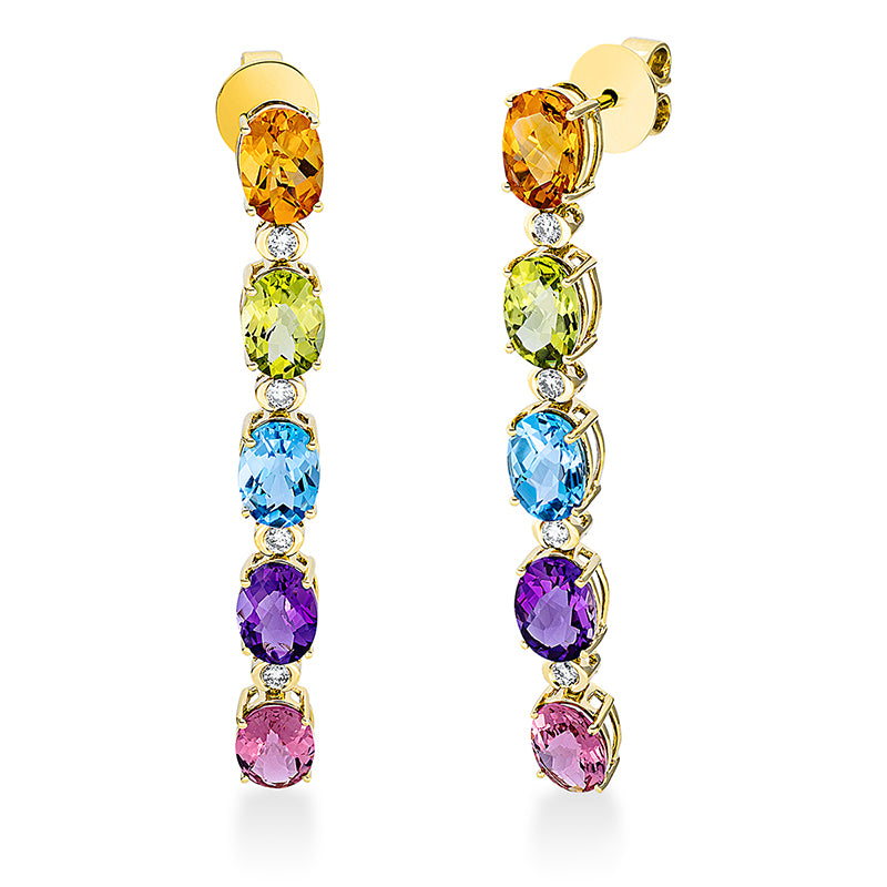 Ohrschmuck 18 kt GG, 8 Brill. 0,23 ct, TW-si, 10 Farbsteine 8,30 ct multicolor