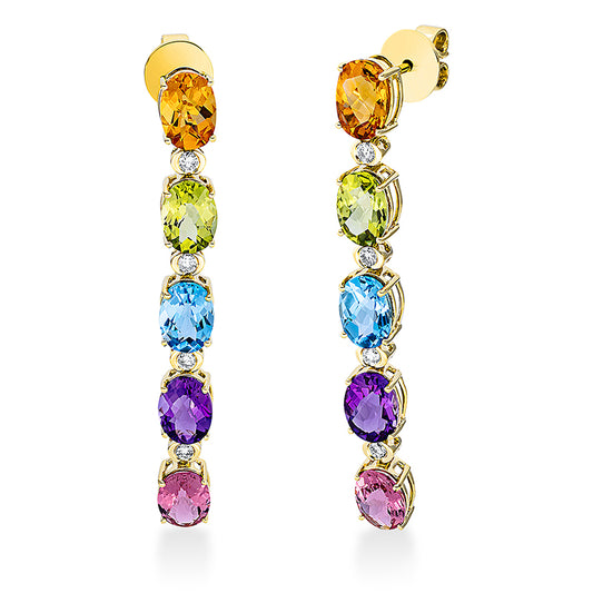 Ohrschmuck 18 kt GG, 8 Brill. 0,23 ct, TW-si, 2 Turmalin 1,60 ct pink, 8 Farbsteine 6,70 ct multicolor