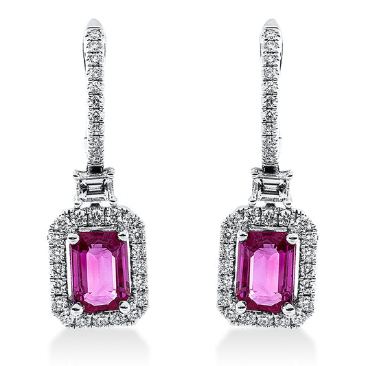 Ohrschmuck 18 kt WG, 2 Bag. 0,23 ct, TW-vsi, 62 Brill. 0,47 ct, TW-si, 2 Rubine 2,00 ct rot