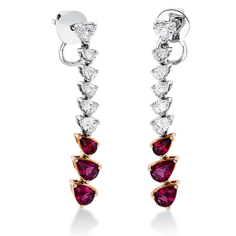 Ohrschmuck 18 kt WG+RG, 10 Tropfen 0,90 ct, 2 Herzschl. 0,38 ct, D/F-vsi, 6 Rubine 2,32 ct rot
