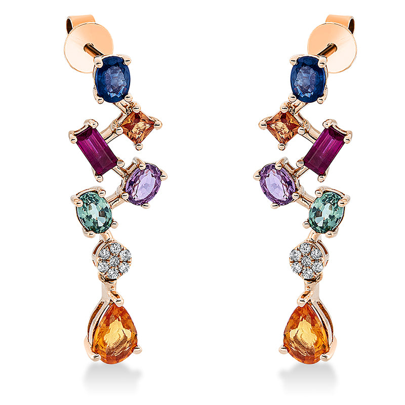 Ohrschmuck 18 kt RG, 14 Brill. 0,05 ct, TW-si, 12 Saphire 2,85 ct multicolor