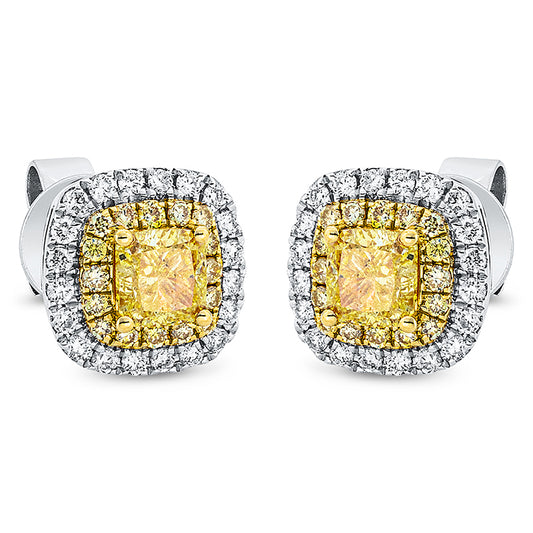 Ohrstecker 18 kt WG+GG, 40 Brill. 0,18 ct, TW-si, 2 Cushion 0,74 ct, gelb, 32 Brill. 0,13 ct, gelb