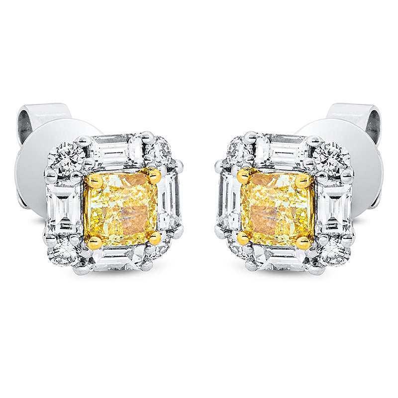 Ohrstecker 18 kt WG+GG, 8 Bag. 0,48 ct, TW-si, 8 Brill. 0,17 ct, TW-si, 2 Cushion 0,74 ct, gelb