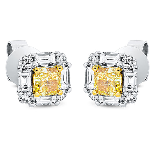 Ohrstecker 18 kt WG+GG, 8 Bag. 0,48 ct, TW-si, 8 Brill. 0,17 ct, TW-si, 2 Cushion 0,74 ct, gelb