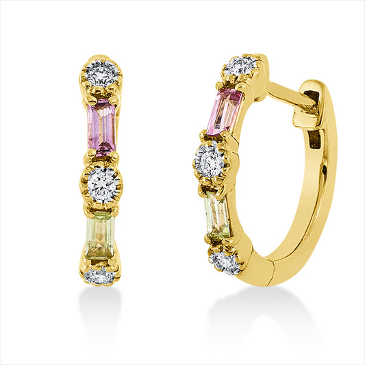 Creolen 18 kt GG, 6 Brill. 0,08 ct, TW-si, 2 Turmalin 0,12 ct pink, 2 Peridot 0,12 ct grün