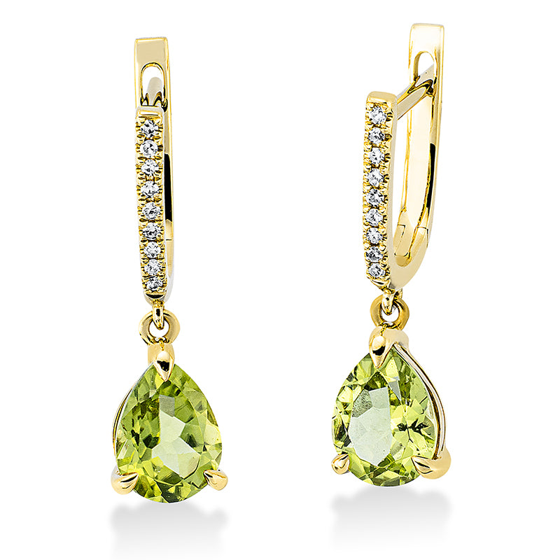 Ohrschmuck 18 kt GG, 18 Dia. 0,07 ct, TW-si, 2 Peridot 2,51 ct grün