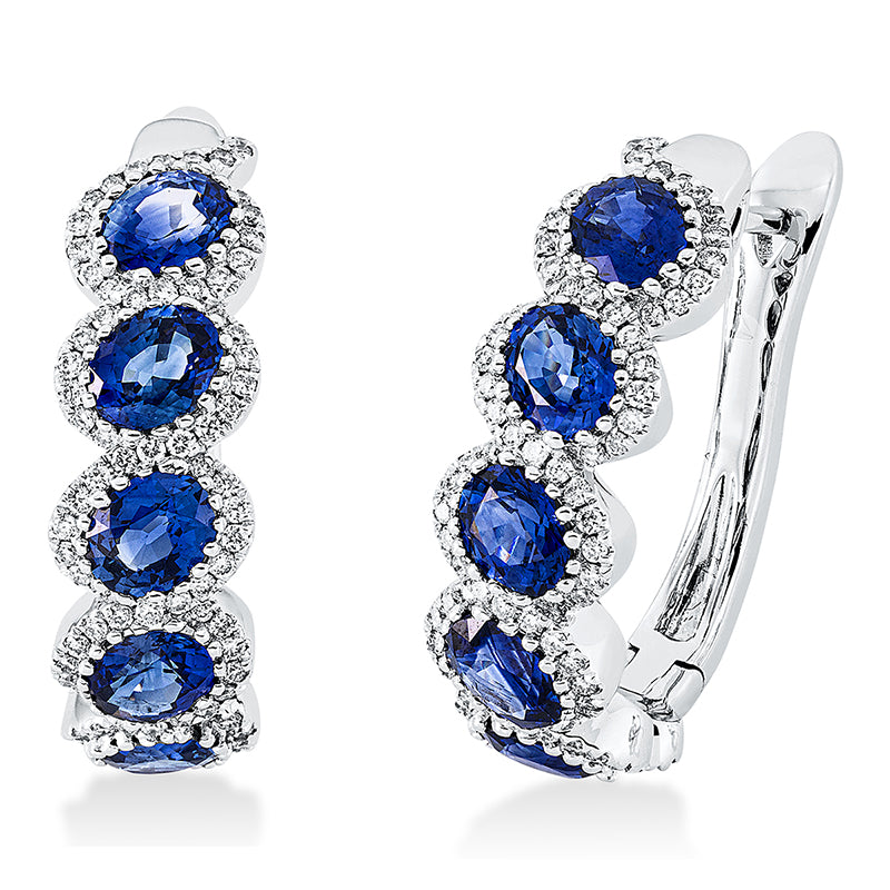 Creolen 18 kt WG, 168 Brill. 0,60 ct, TW-si, 10 Saphire 4,35 ct blau