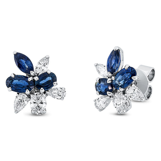 Ohrstecker 18 kt WG, 2 Oval 0,30 ct,4 Tropfen 0,29 ct,2 Nav. 0,12 ct, TW-si, 6 Saphire 1,60 ct blau