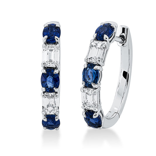 Creolen 18 kt WG, 4 Sm.schliff 0,84 ct, TW-si, 6 Saphire 1,53 ct blau