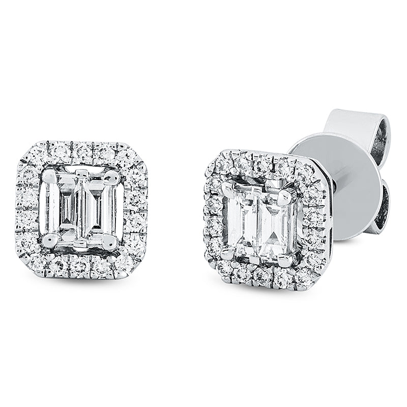 Ohrstecker 18 kt WG, 4 Bag. 0,16 ct, TW-si, 36 Brill. 0,15 ct, TW-si