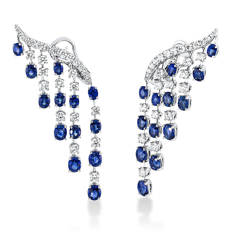 Ohrschmuck 18 kt WG, 24 Brill. 1,80 ct, TW-vsi, 32 Brill. 0,96 ct, TW-vsi, 26 Saphire 9,43 ct blau
