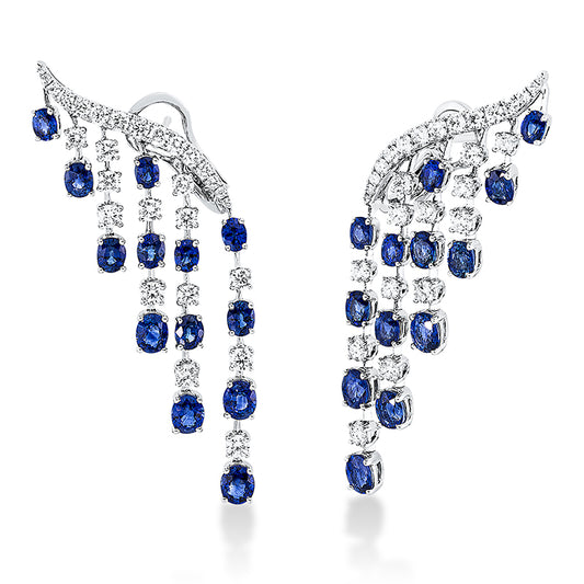 Ohrschmuck 18 kt WG, 24 Brill. 1,80 ct, TW-vsi, 32 Brill. 0,96 ct, TW-vsi, 26 Saphire 9,43 ct blau