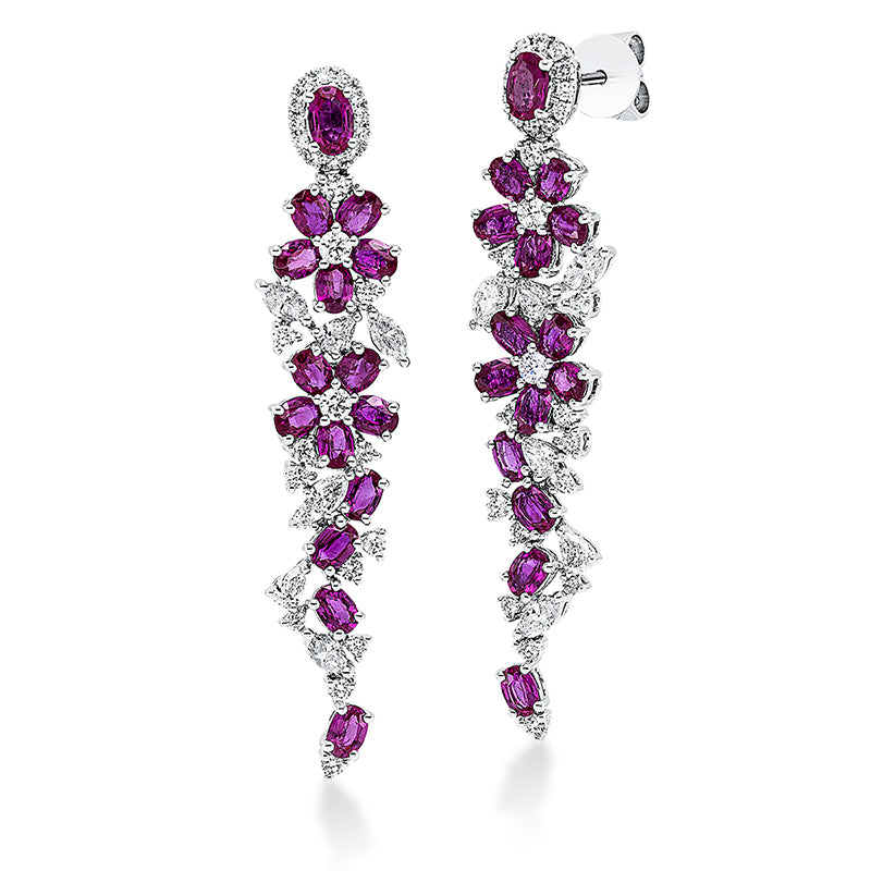 Ohrschmuck 18 kt WG, 6 Tropfen 0,31 ct, 6 Nav. 0,42 ct,54 Brill. 0,61 ct, TW-si, 30 Rubine 3,94 ct rot