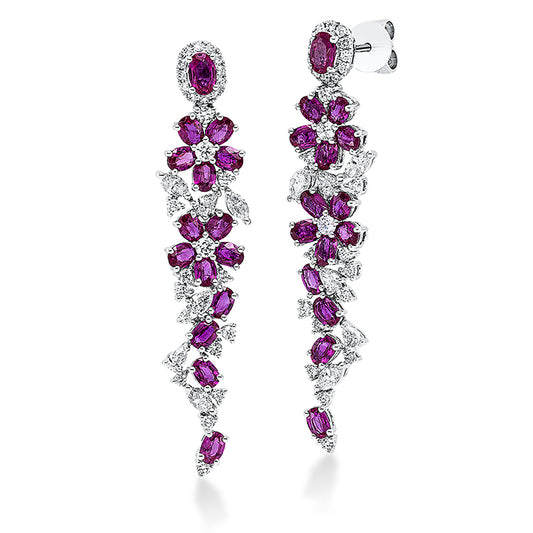 Ohrschmuck 18 kt WG, 6 Tropfen 0,31 ct, 6 Nav. 0,42 ct,54 Brill. 0,61 ct, TW-si, 30 Rubine 3,94 ct rot