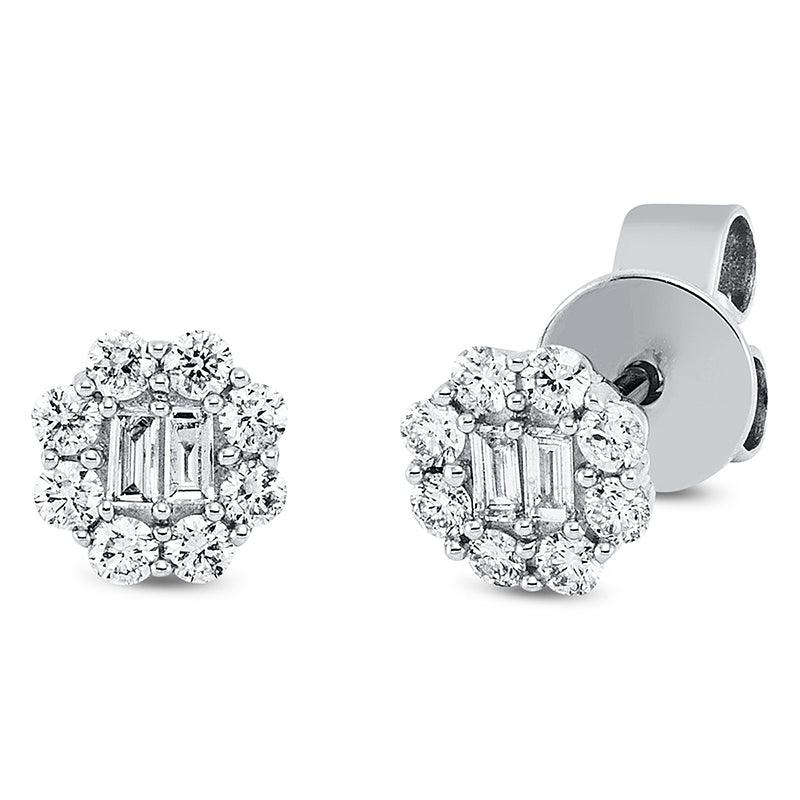 Ohrstecker 18 kt WG, 4 Bag. 0,05 ct, TW-si, 16 Brill. 0,21 ct, TW-pi