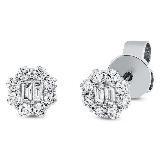 Ohrstecker 18 kt WG, 4 Bag. 0,05 ct, TW-si, 16 Brill. 0,21 ct, TW-pi