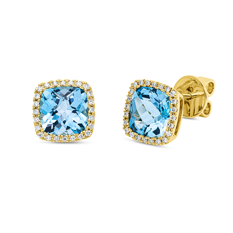 Ohrstecker 18 kt GG, 48 Brill. 0,15 ct, TW-si, 2 Topase 3,90 ct blau
