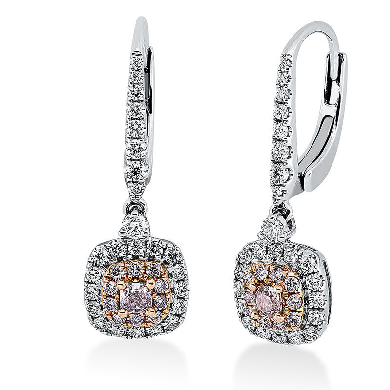 Ohrschmuck 18 kt WG+RG, 50 Brill. 0,53 ct, TW-si, 2 Cushion 0,21 ct, pink, 20 Brill. 0,15 ct, pink