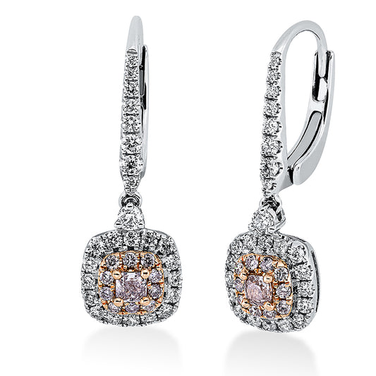 Ohrschmuck 18 kt WG+RG, 50 Brill. 0,53 ct, TW-si, 2 Cushion 0,21 ct, pink, 20 Brill. 0,15 ct, pink