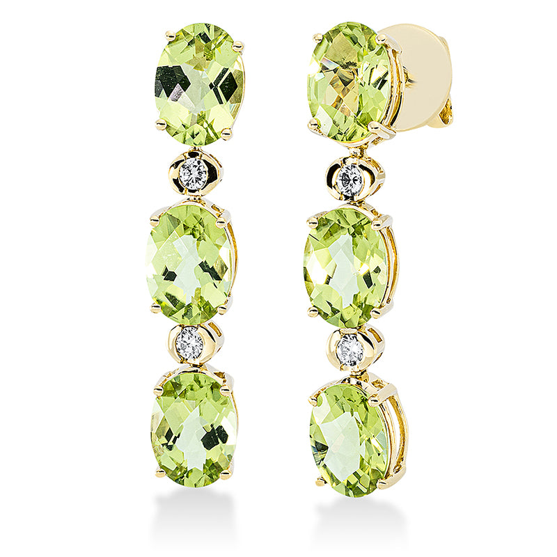 Ohrschmuck 18 kt GG, 4 Brill. 0,12 ct, TW-si, 6 Peridot 4,20 ct grün