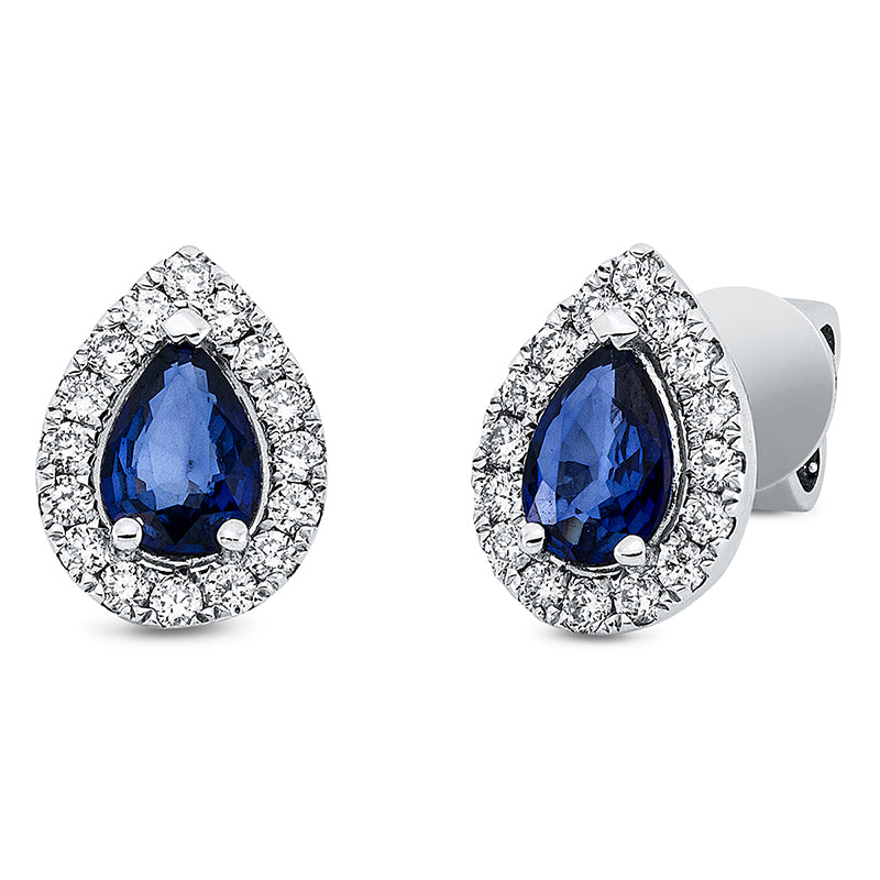 Ohrstecker 18 kt WG, 32 Brill. 0,35 ct, F-si, 2 Saphire 0,93 ct blau