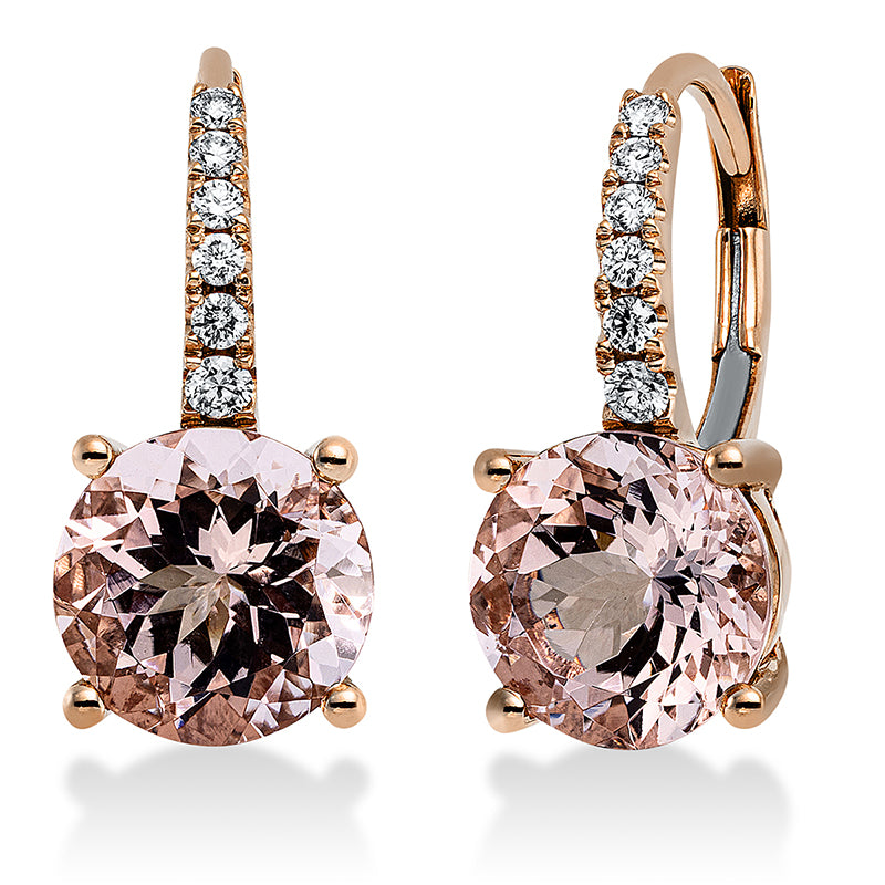 Ohrschmuck 18 kt RG, 12 Brill. 0,15 ct, TW-si, 2 Morganit 3,53 ct rosa