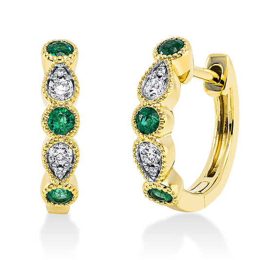 Creolen 18 kt GG, Fassung rhodiniert, 4 Brill. 0,10 ct,4 Brill. 0,01 ct, TW-si, 6 Smaragde 0,19 ct grün