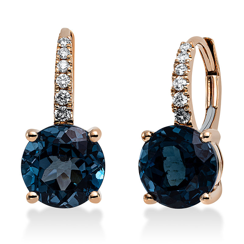 Ohrschmuck 18 kt RG, 12 Brill. 0,15 ct, TW-si, 2 Topase 4,42 ct Lond. blue