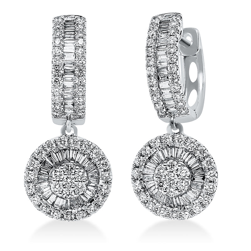 Ohrschmuck 18 kt WG, 74 Trap. 0,64 ct, TW-si, 100 Brill. 0,88 ct, TW-si