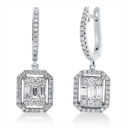 Ohrschmuck 18 kt WG, 32 Brill. 0,56 ct, F-si, 6 Bag. 0,66 ct, F-vsi, 52 Brill. 0,44 ct, F-si