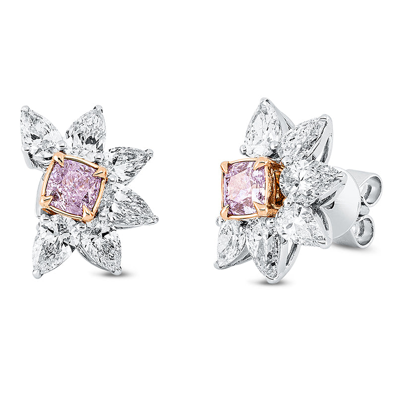Ohrstecker 18 kt WG+RG, GIA 2pcs, 2 Cushion 0,65 ct, pink-pi, 12 Tropfen 1,70 ct, F-vsi/si