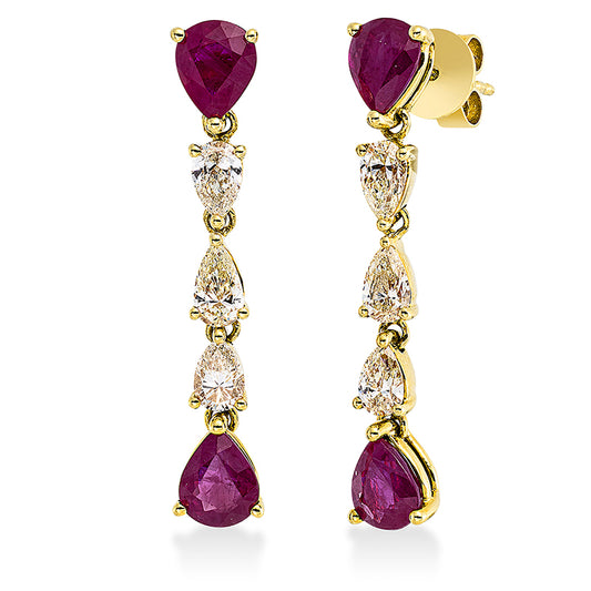 Ohrschmuck 18 kt GG, 6 Tropfen 1,01 ct, gelb, 4 Rubine 2,64 ct rot
