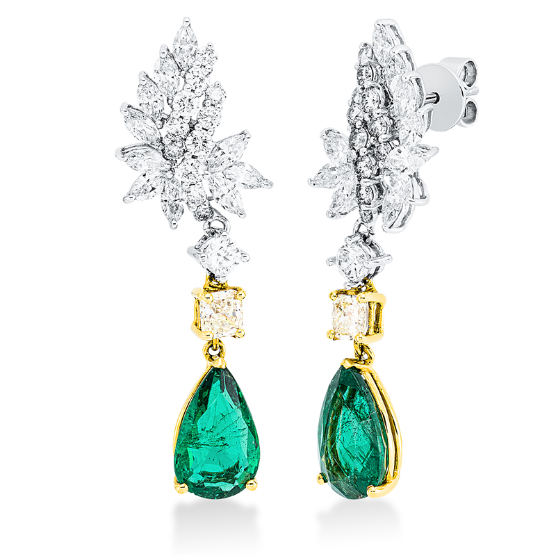 Ohrschmuck 18 kt, 20 Nav.1,18ct, 24 Brill.0,81ct, TW-vsi/si, 2 Cushion 0,49ct, gelb, 2 Sma 3,79ct grün