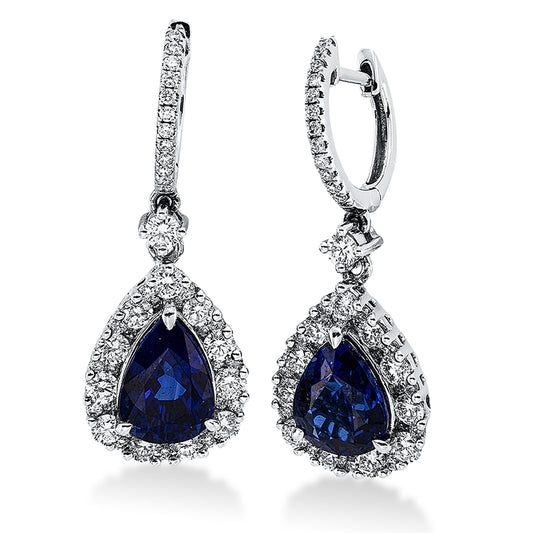 Ohrschmuck 18 kt WG, 92 Brill. 1,46 ct, TW-si, 2 Saphire 4,76 ct blau