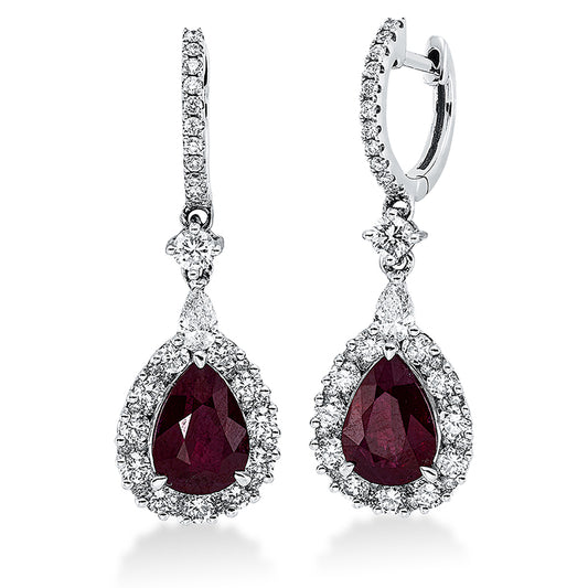 Ohrschmuck 18 kt WG, 2 Tropfen 0,24 ct, TW-vsi, 82 Brill. 1,48 ct, TW-si, 2 Rubine 3,55 ct rot