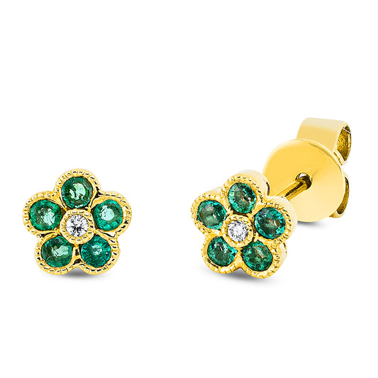 Ohrstecker 18 kt GG, 2 Brill. 0,02 ct, TW-pi, 10 Smaragde 0,26 ct grün