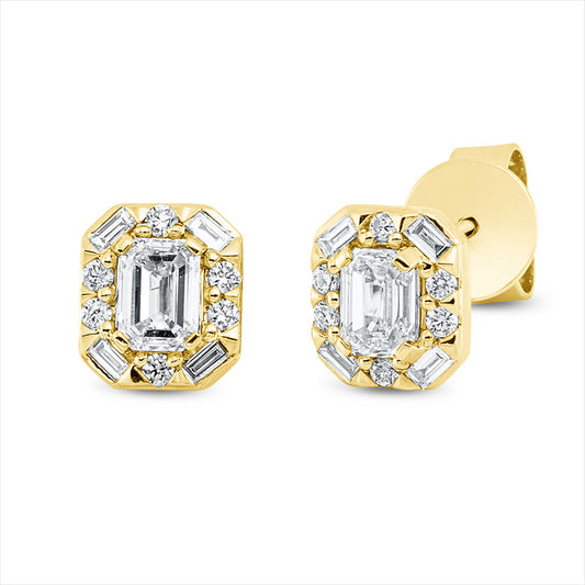 Ohrstecker 18 kt GG, 8 Bag. 0,08 ct, TW-si, 2 Sm.schliff 0,48 ct, TW-si, 12 Brill. 0,07 ct, TW-si