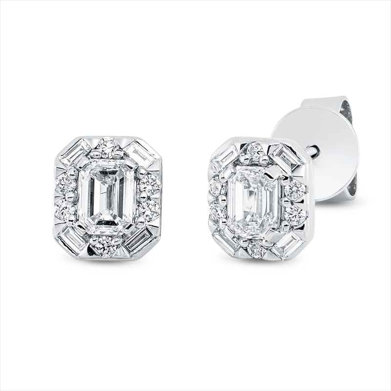 Ohrstecker 18 kt WG, 8 Bag. 0,08 ct, TW-si, 2 Sm.schliff 0,48 ct, TW-si, 12 Brill. 0,07 ct, TW-si