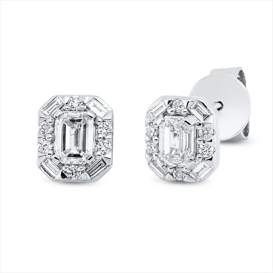 Ohrstecker 18 kt WG, 8 Bag. 0,08 ct, TW-si, 2 Sm.schliff 0,48 ct, TW-si, 12 Brill. 0,07 ct, TW-si