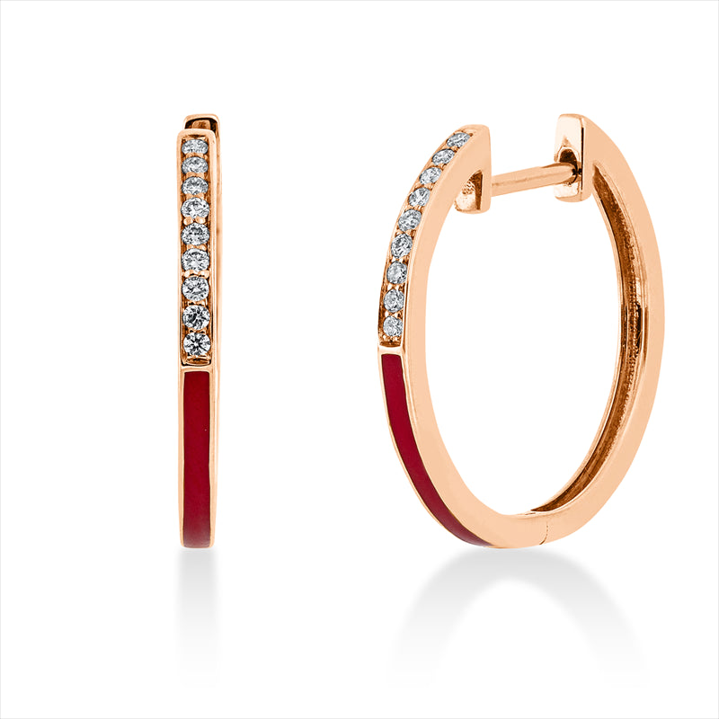 Creolen 18 kt RG, 18 Brill. 0,09 ct, TW-si, 2 Emaille rot