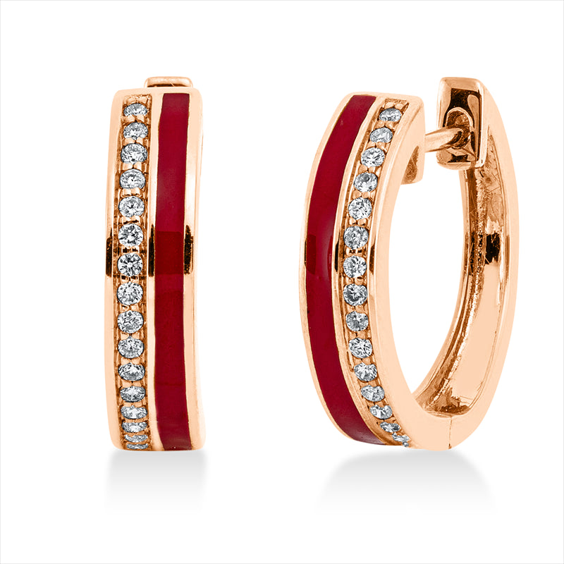 Creolen 18 kt RG, 32 Brill. 0,13 ct, TW-si, 2 Emaille rot