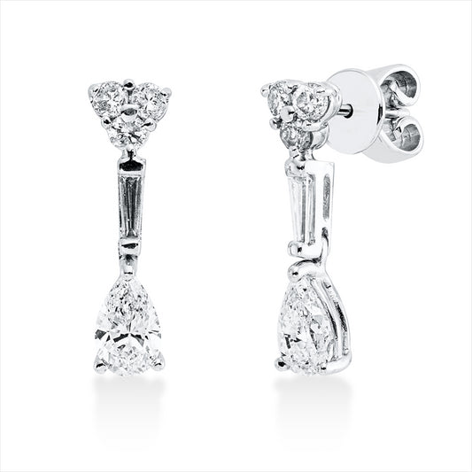 Ohrschmuck 14 kt WG, 2 Trap. 0,15 ct, 2 Tropfen 1,01 ct, 6 Brill. 0,33 ct, TW-vsi/si