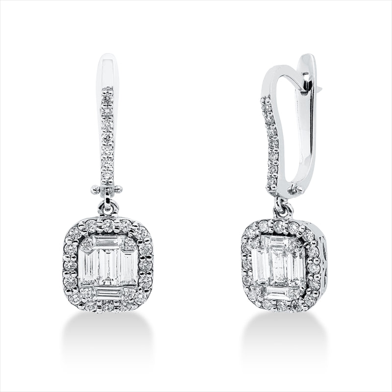 Ohrschmuck 14 kt WG, 6 Bag. 0,66 ct, F-vsi, 4 Bag. 0,18 ct, F-vsi, 54 Brill. 0,49 ct, F-vsi