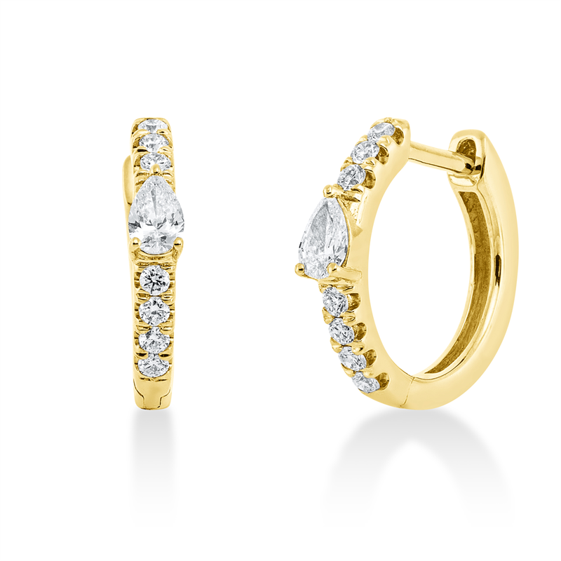 Creolen 18 kt GG, 2 Tropfen 0,15 ct, TW-vsi, 14 Brill. 0,12 ct, TW-si