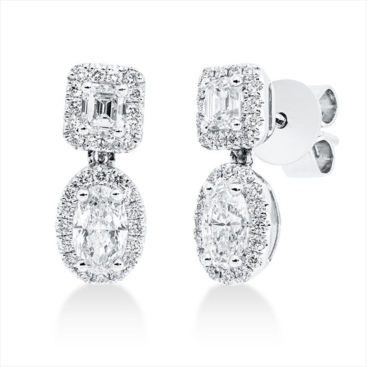 Ohrschmuck 18 kt WG, 2 Sm.schliff 0,34 ct, TW-vsi, 2 Oval 0,69 ct, TW-vsi, 60 Brill. 0,31 ct, TW-vsi
